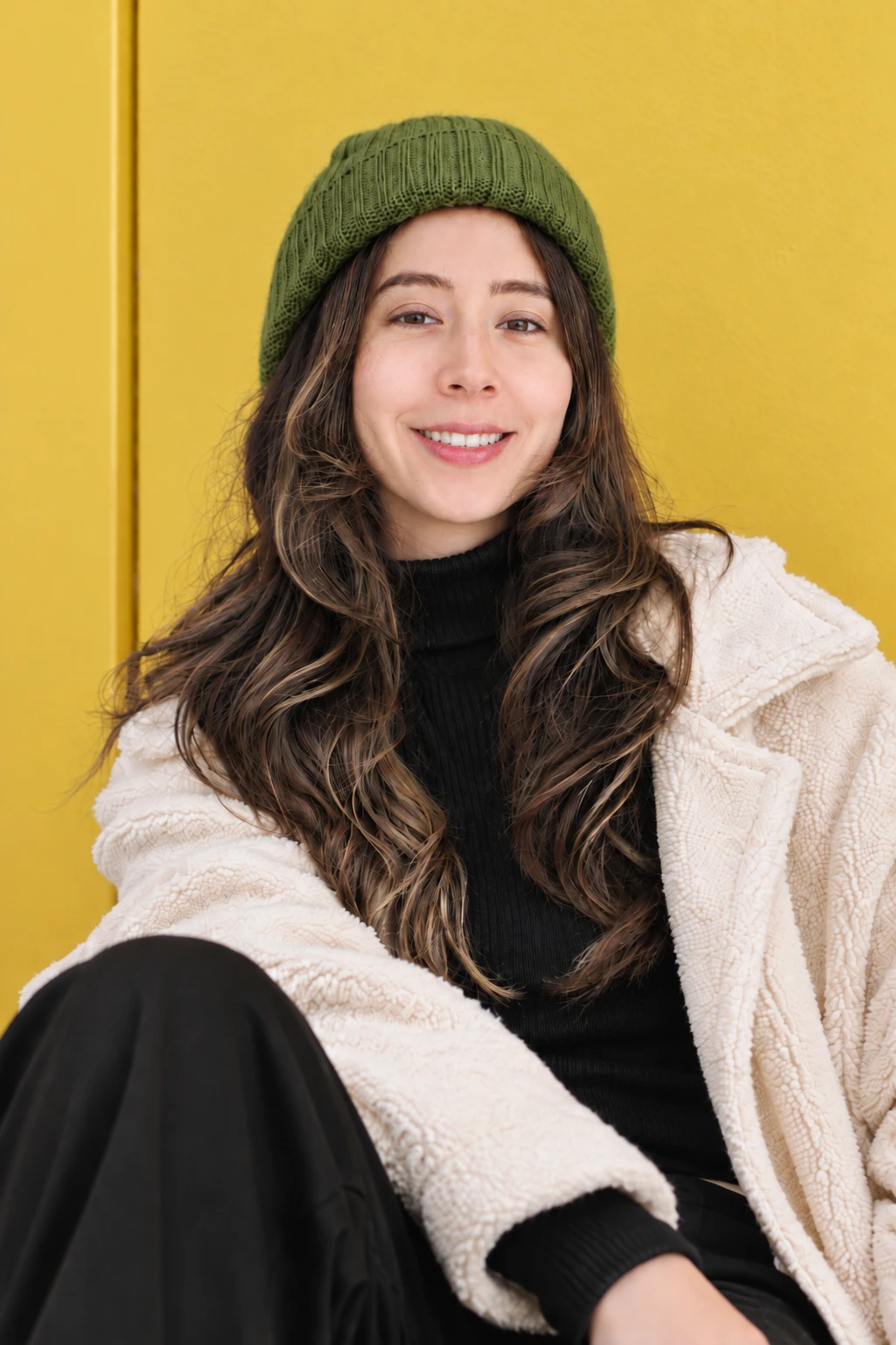 Retrato de Paola Cristancho con gorro verde sobre un muro amarillo